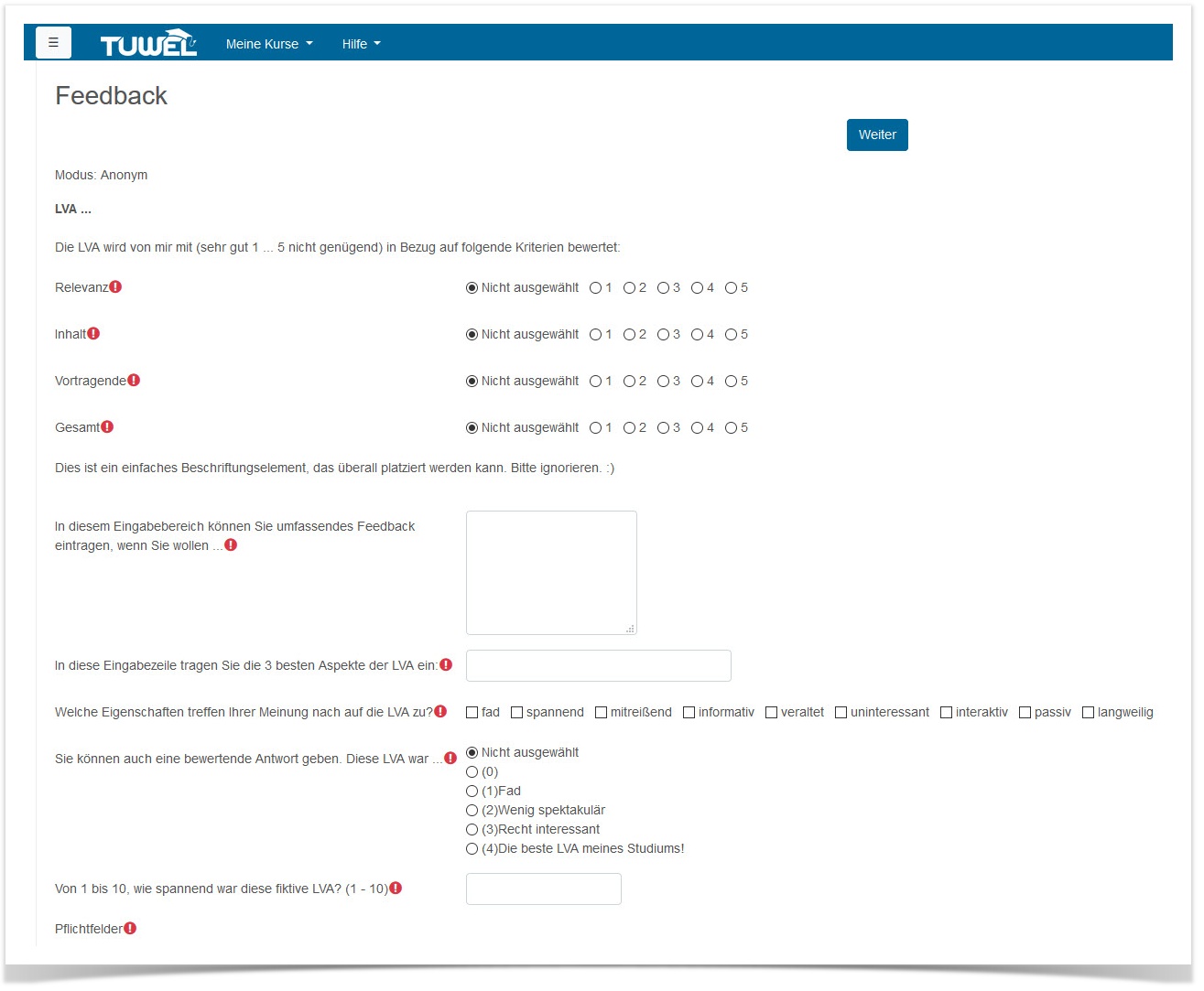 Feedback Fragetypen in TUWEL